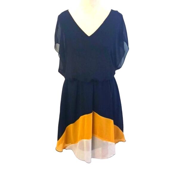 Enfocus Studio Dress Sz 10P Navy Blue Yellow Sleeveless Colorblock Cocktail Glam - Picture 1 of 13